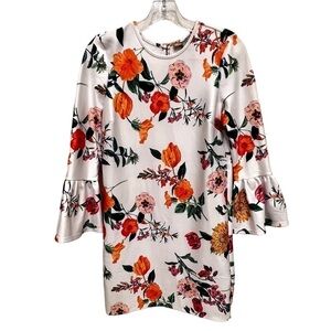 ASOS DESIGN Botanical Shift Mini Dress with Fluted Sleeves, Size 4